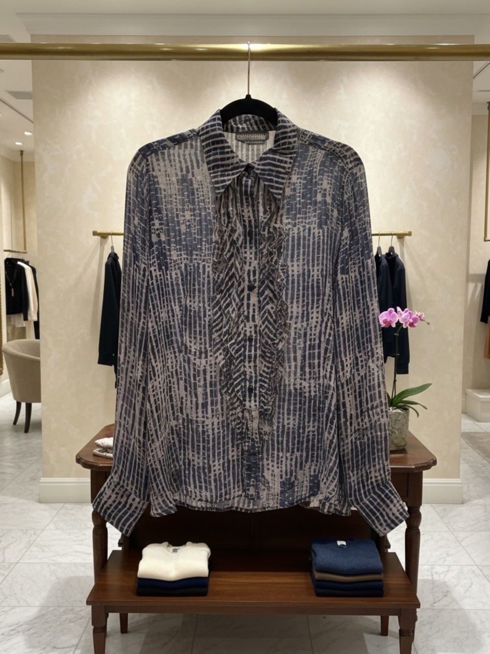 Marina Rinaldi silk ruffle blouse blue abstract print Italy plus size